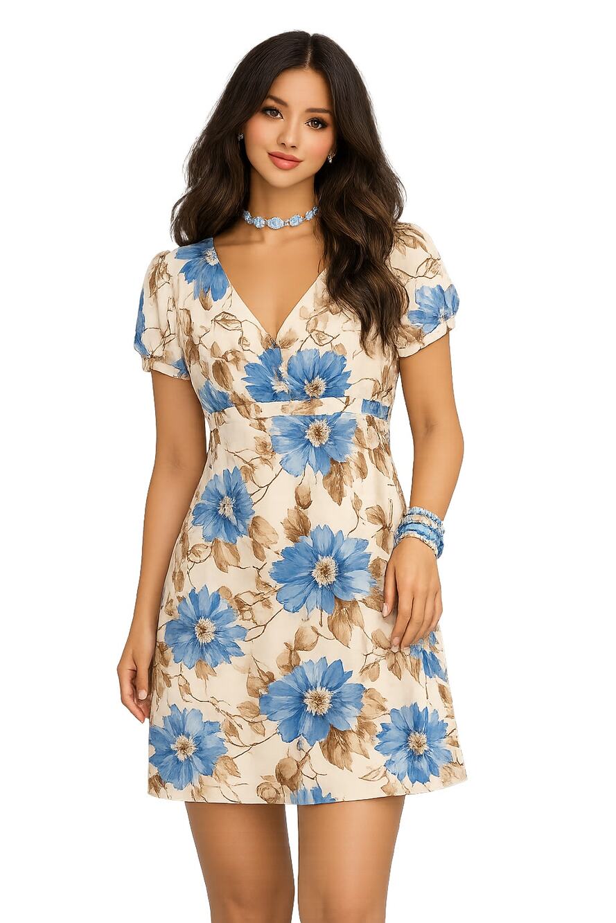 NWT VTG DS Y2K Romy Satin Floral Babydoll Dress Beige Blue Size XL